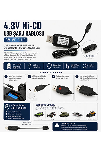 instatech 4.8V Ni-CD USB Şarj Kablosu SM-2P Soketli Uzaktan