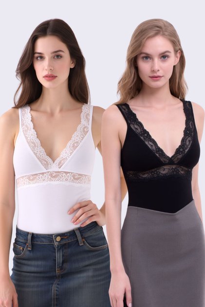 Women's 2-Piece Cotton & Modal Thick Strap Standard Size Undershirt - Lace Detail & Soft Texture
