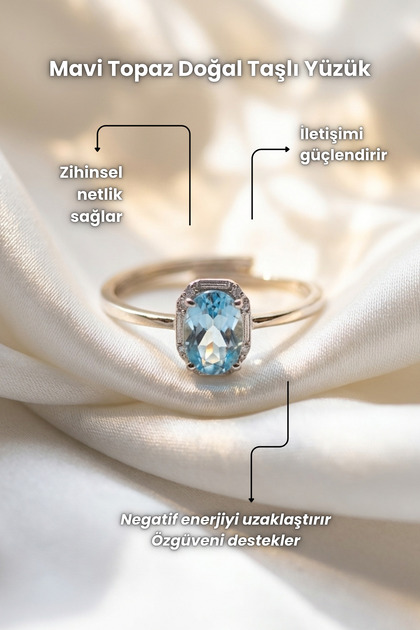 Blue Topaz Natural Gemstone Ring Oval Cut Engraved (Adjustable)