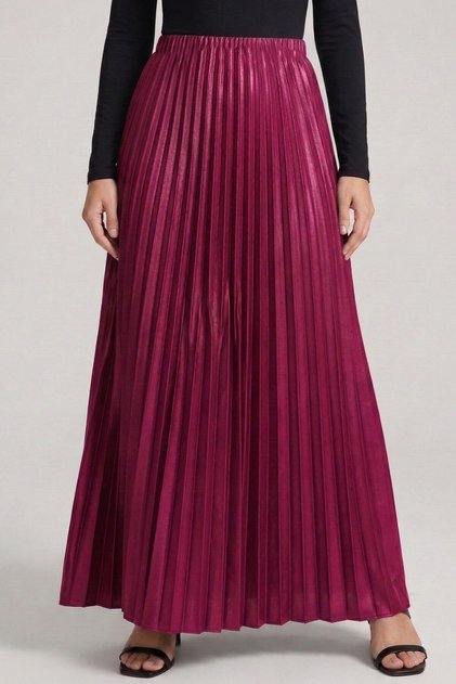Women's Dark Pink Pleated Long Skirt with Elastic Waist