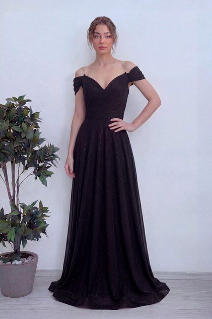 Women's Off-Shoulder Double-Breasted Strap Ring Detailed Flared Long Evening Dress Lilac, Black, Indigo, White
