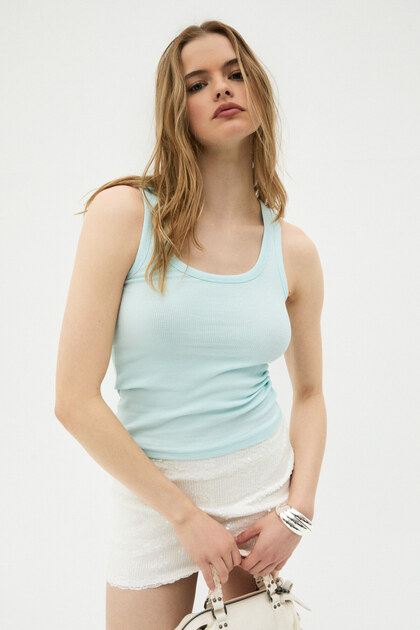 Lillesol women's ribbed look slim fit body-fitting pool collar cotton basic turquoise tank top