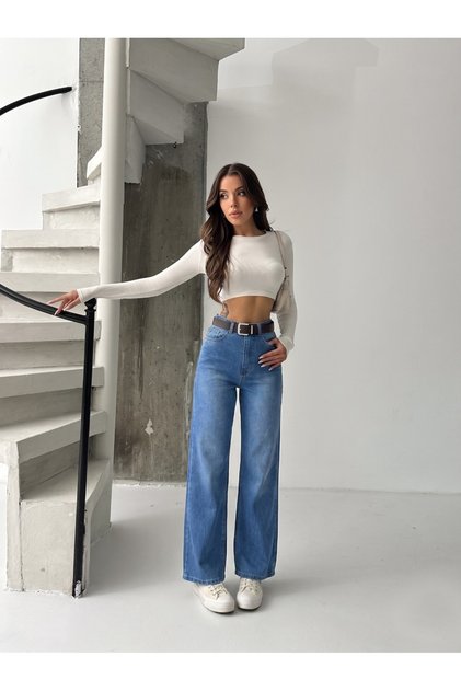Blue Embroidered Lycra Belted Full-Fit Denim Pants