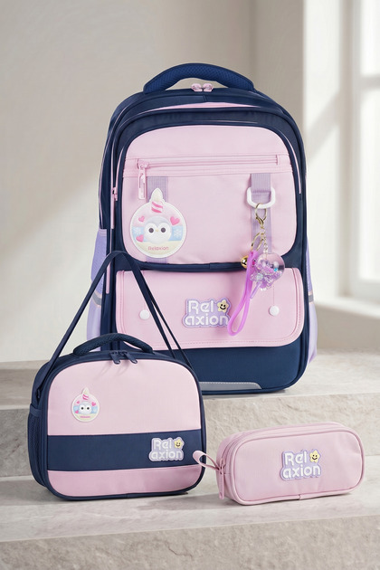 Relaxion 1816 Girls' Orthopedic Primary School Bag Set 3-Piece Pink - with Accessories, Lunch Bag, and Pencil Case