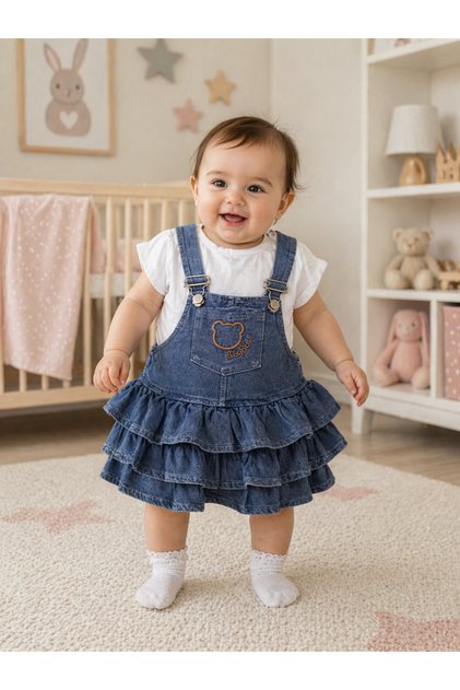 Baç-Girls' Ruffle Detailed Front Pocket Salopet Denim Dress - T-Shirt 2-Piece Set 6-24 Months