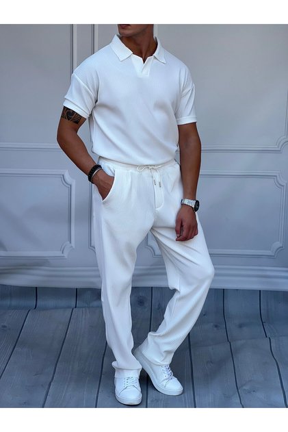 Cut-Neck Thick Ribbed T-Shirt Top and Bottom Set