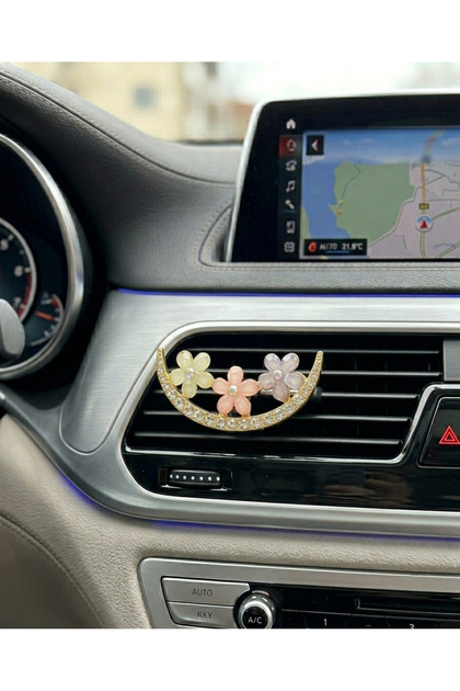 Zircon Stone Floral Car Interior Air Conditioning Ornament Gold Color Shiny Auto Accessory Premium Design