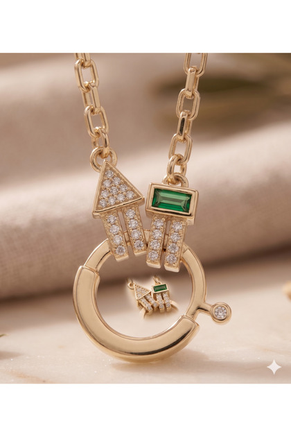 Women's Gold Color Green Stone Zircon Detailed Ring Interlocking Paperclip Chain Necklace