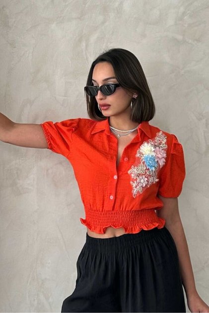 Orange Floral Linen Shirt |   Vmd2651 - Orange