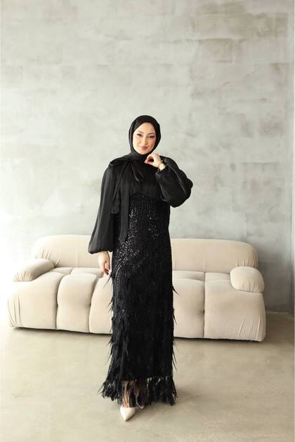 asyadabutik Women's Chiffon Top with Feather Detail at the Bottom, Bow  Collar Evening Dress, Engagement, Wedding, Graduation Dress- Trendyol