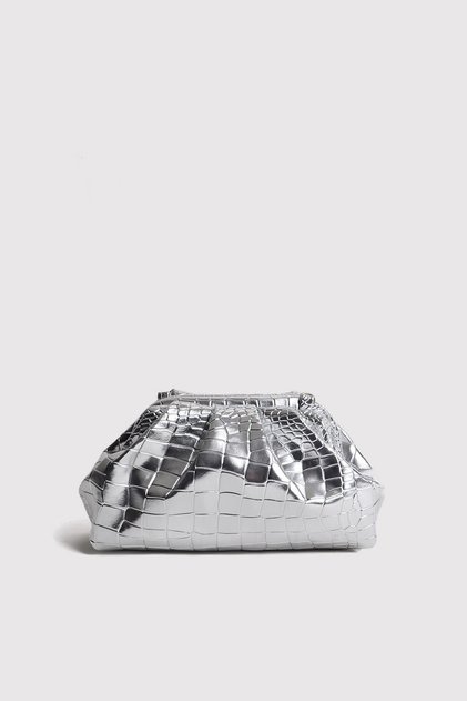 Silver Women's Croco Patterned Metallic Leather Clutch Evening Dress Bag