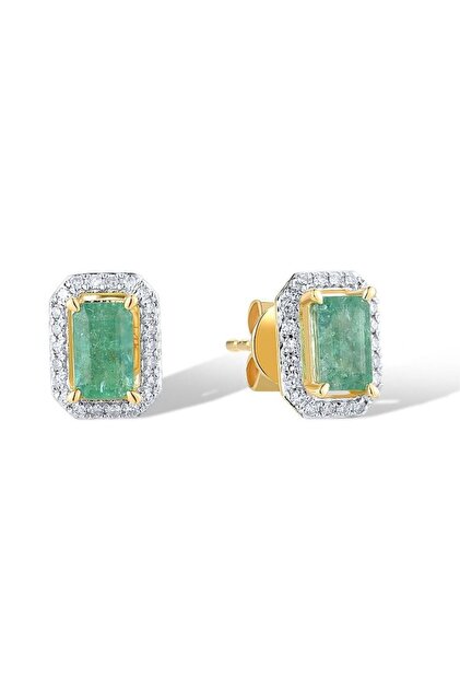 Cercei din aur de 14k cu diamante de 0,096 ct și un smarald de 0,558 ct