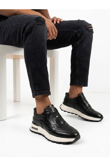 Men's Genuine Leather Black Orthopedic Sole Casual Sneaker Shoes
