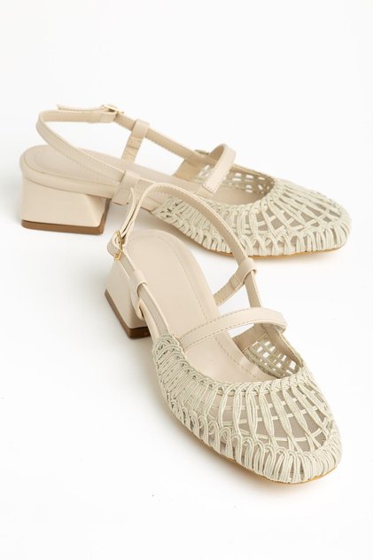 Luna Women's Beige Short Thick Heeled Braided Shoes