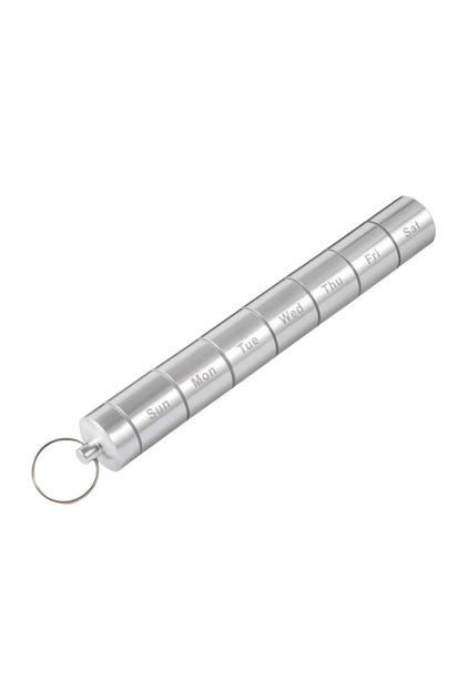 Organizator pentru pastile cilindric din aluminiu, 7 zile, multiconfigurabila, impermeabil, Argintiu