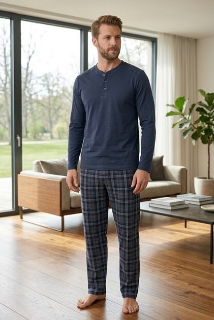 Men's 100% Cotton Ghost Pajama Set Long Sleeve Buttoned Collar Combed Cotton Top with Plaid Pants Home Wear Set