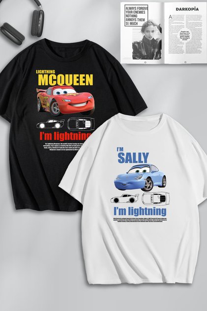 Unisex Women's and Men's Lightning Mcqueen and Sally Pre-Printed Lover Couple Combination Design Oversize Tshirt 2-Pack