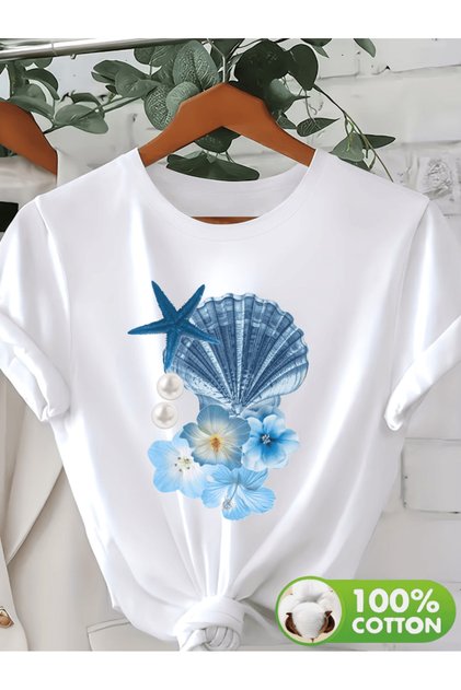 Mavi Deniz Kabuğu İnci Çiçek Desen Baskılı Premium Oversize T-shirt