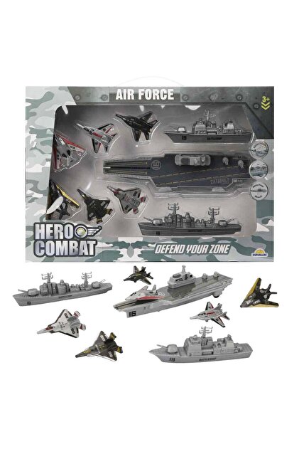 Hero Combat Erkek Çocuk Oyuncak Asker Seti Uçak Gemisi ve Jet Filosu 9 Parça Eğitici Oyun Seti 3-8 Yaş 23 cm Gemi Boyu
