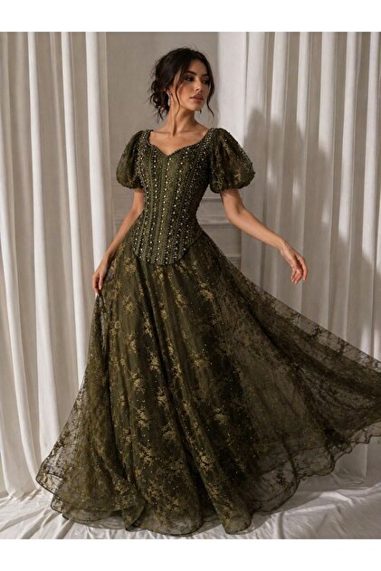 liyan fashion Olive green lace evening dress- Trendyol