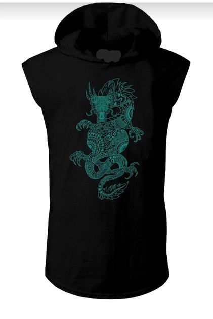 Zero Sleeve Hooded Oversize T-Shirt with Dragon Print