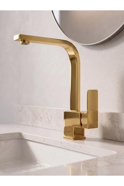 Kare Model Gold Altın Banyo Lavabo Bataryası Musluğu - %100 Pirinç, Paslanmaz, Ağır Gövde