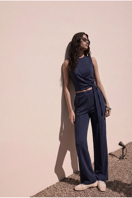 Women's Diego Lacing Detailed Double Breasted Blouse and Wide Leg Pants Bottom-Top Set, Summer Soft Modal Fabric
