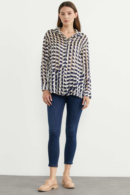 Patterned Chiffon Comfortable Fit Shirt - Navy Blue