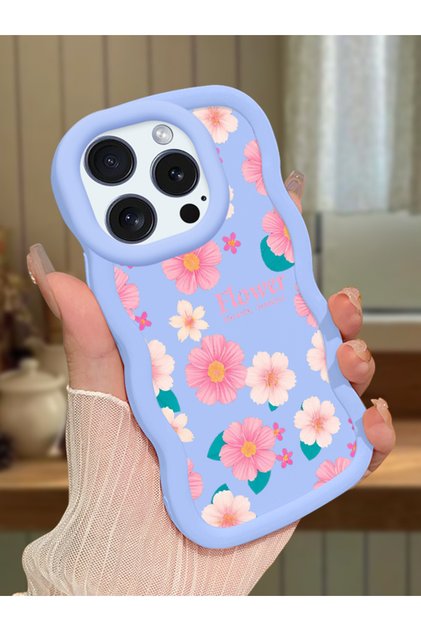 iPhone 15 Pro Max Compatible Shockproof Simple Blue Silicone Phone Case Flower Pattern