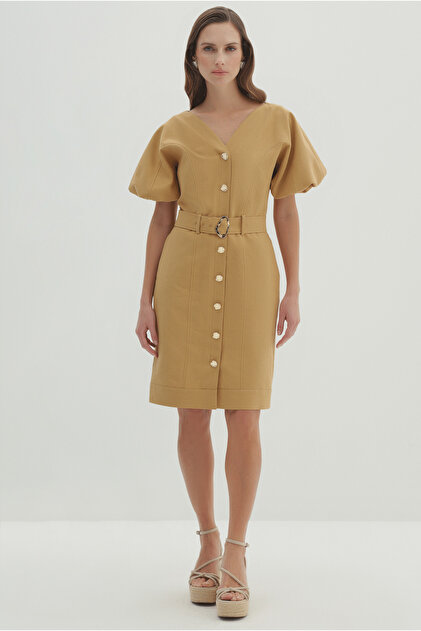 Balloon Sleeve Dress with Belt Detail