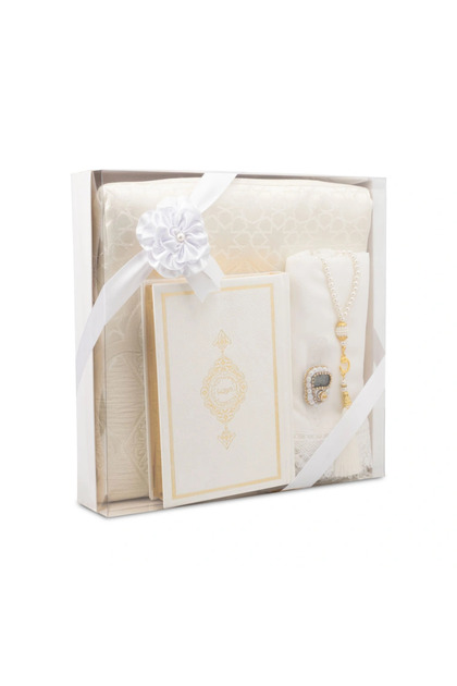 Lined Chenille Prayer Rug + Shawl + Prayer Beads + Zikirmatik + Hafiz Boy Quran Gift Set (White)