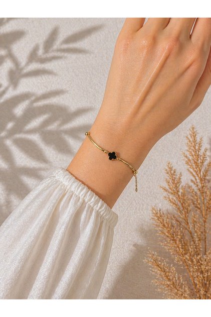 Women's Minimal Black Clover Figured Gold Color Steel Bracelet Adjustable