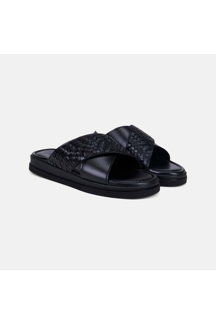 Men's Black Cross-Strapped Printed Leather Slippers