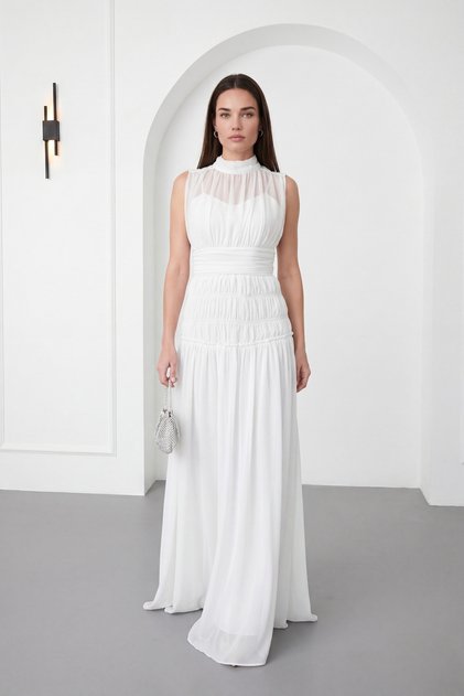 Women's White High Neck Pleated Long Chiffon Event Dress