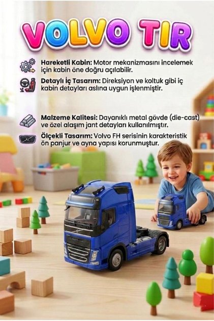 Işıklı Sesli Pilli Çek Bırak Mekanizmalı Volvo Öne Doğru Açılan Kabinli 11cm Dorsesiz Oyuncak Tır