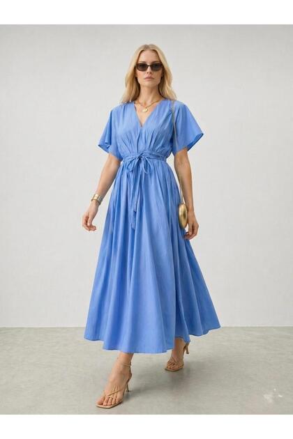 Women's Short Sleeve Front Buttoned Belted Cotton Non-See-Through Dress
