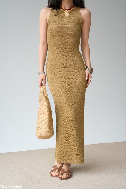 Glittery Khaki Openwork Dress