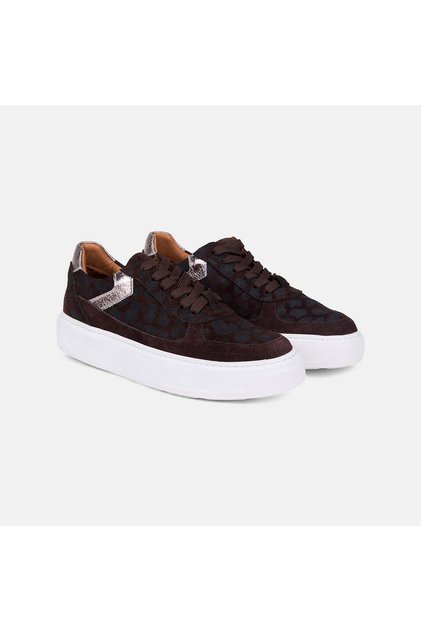 Kadın Kahve Bağcıklı Desenli Kalın Beyaz Tabanlı Süet Sneaker