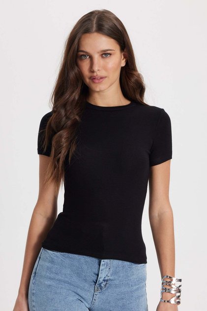 Women's Slim Fit Tight Fit Cotton Short Sleeve Crew Neck Black T-Shirt Blouse