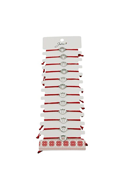 Bratara Martisor pentru Dama, Jolie, Model Inger in Cerc, Set 12 bucati, Pandativ Argintiu din Inox cu Snur Rosu Ajustabil