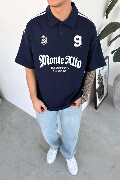 Navy Blue Monte Printed Oversize Polo Neck T-Shirt