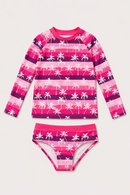 Girl's Pink Palm Tree Patterned Long Sleeve Swimsuit Set
