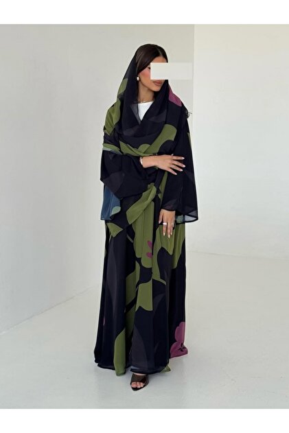 Fashionable Floral Print Chiffon Front-opening Abaya Two-piece Set Including Headscarf