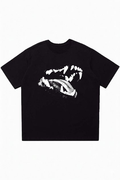 Wild Fangs Printed Black Oversize Crew Neck T-Shirt