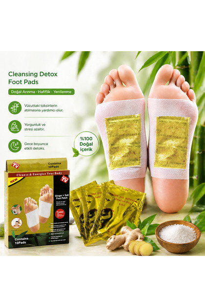 Zencefil Detoks Ayak Bandı 10’lu Set – Doğal İçerikli Ayak Temizleme Pedi, Gece Boyu Etkili, Rahatlatıcı Foot Patch