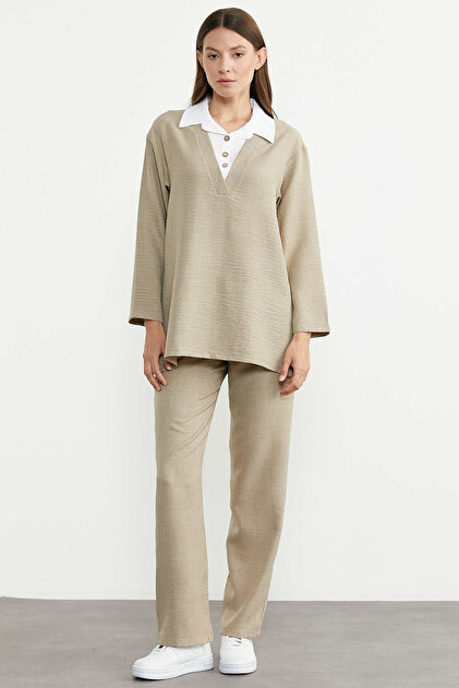 Linen Look Shirt Piece Set - Stone