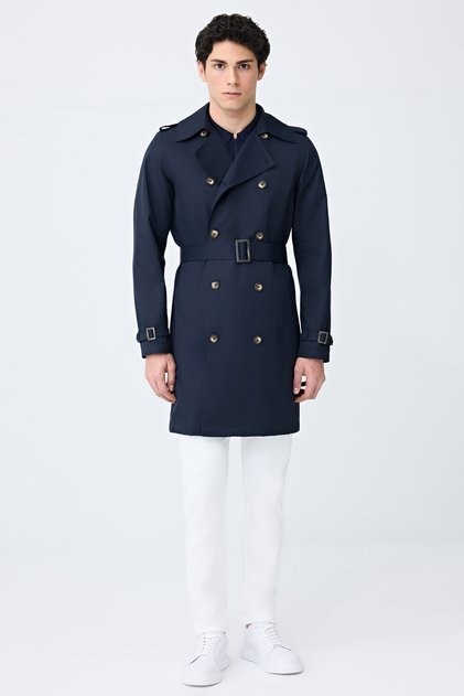 Slim Fit Lacivert Pardösü/Trenckot