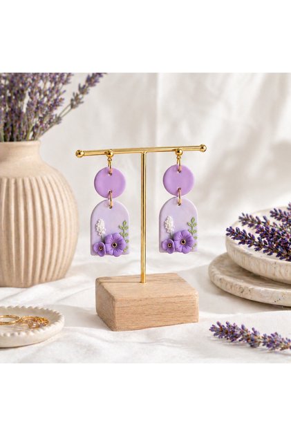 Lilac Flower Polymer Clay Earrings – Handmade Custom Design Jewelry