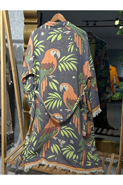 Muslin Kimono 100% Cotton Parrot Patterned Jacquard Bathrobe Kaftan Dressing Gown Neon Green