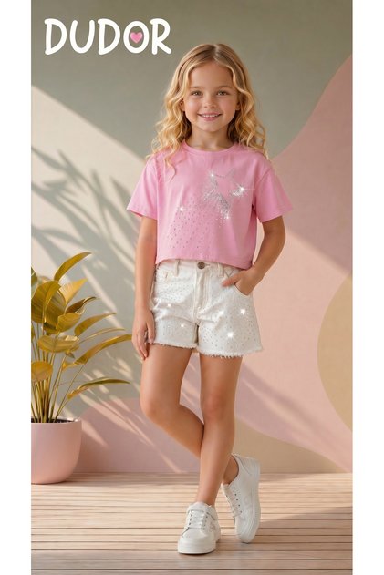 Girls' Stone-Embellished Denim Shorts and T-Shirt Set - Holiday Collection